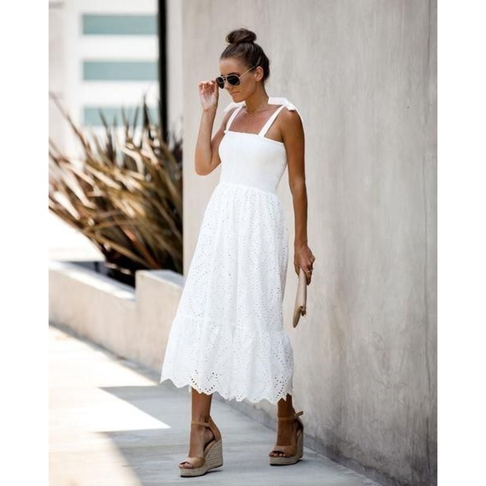 Everly Eyelet Midi Dress Small Cottagecore Smocked Tiered Tie Shoulder White LWD
